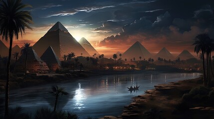 Landscape with ancient Egyptian pyramids, beautiful sunset. AI generation - obrazy, fototapety, plakaty