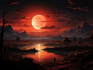 Illustration of a beautiful landscape with a vivid red moon reflecting on a serene lake. Generative AI