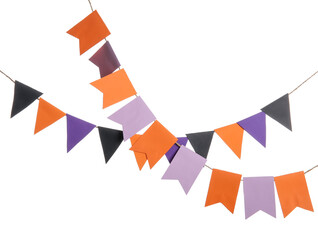 Garlands made of paper flags for Halloween celebration on white background
