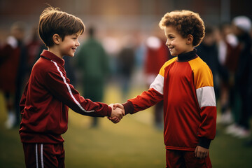 Photograph sport kids shaking hands with opponents in a show of sportsmanship - obrazy, fototapety, plakaty