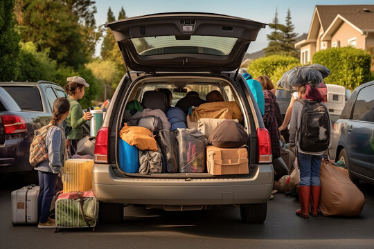 photo of families in their driveways as they load up vehicles with luggage, supplies, and other gear