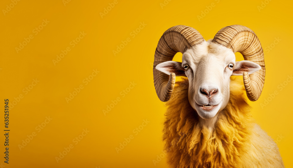 Wall mural Cute male sheep or ram with happy positive smiling expression. Wide banner copy space on side. Generative AI