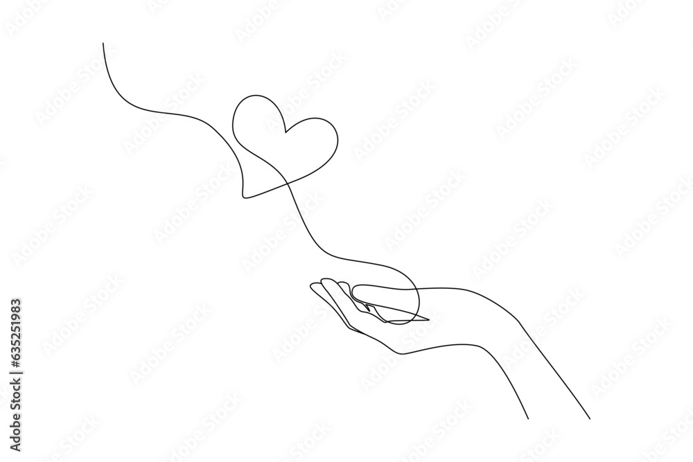 Aufkleber one continuous line drawing of hands holding heart. concept of love relationship and volunteer organ