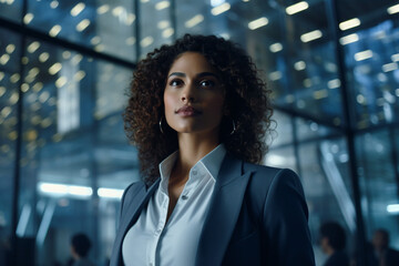 Fototapeta premium Portrait of a businesswoman with curly hair near the large window of a corporate building. High quality photo