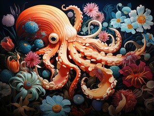 Illustration of an octopus painting surrounded by vibrant flowers. Generative AI