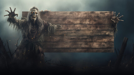 Obraz premium Zombie coming out of the ground holding wooden sign for party invitation in Halloween setting.