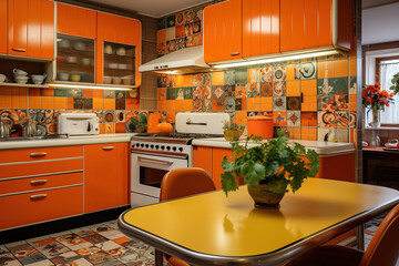 Vintage retro kitchen with orange pattern tiles, american retro kitchen home interior design 70's...