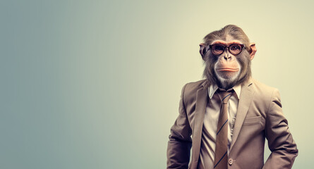 Obraz premium Ape or monkey in smart business suit and tie, looking serious businessman. Wide banner with copy space on side. Generative AI