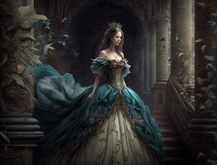 Illustration of a woman in a blue dress standing on a staircase. Generative AI