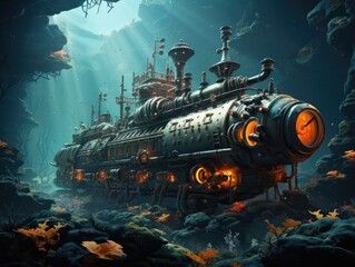 Illustration of a steam-powered submarine floating in a deep blue sea. Generative AI