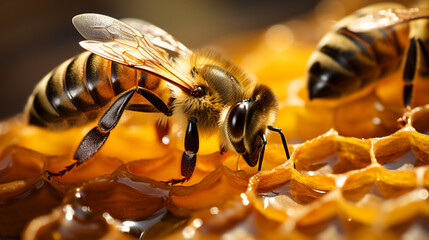 Diligent bees laboring on honeycomb cells. - obrazy, fototapety, plakaty