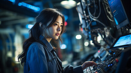 Fototapeta na wymiar A depiction of an Asian female engineer dressed in a uniform, diligently performing her duties within a professional factory setting. 