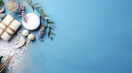 A collection of natural cosmetics, ingredients, and bathroom or spa accessories thoughtfully arranged on a blue banner background.  - obrazy, fototapety, plakaty