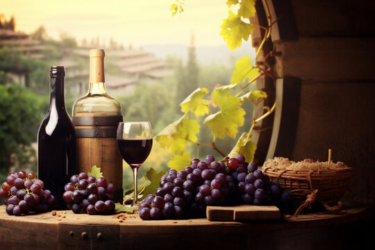 Bottles And Wineglasses With Grapes And Barrel In Rural Scene. High quality photo