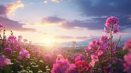 Photo sur Plexiglas Prairie, marais Summer flower meadow wildflower field pink with morning sunlight, Idyllic spring background with blossoming lilac bushes flowers and pink wildflowers on meadow. Pink morning clouds on blue sky over