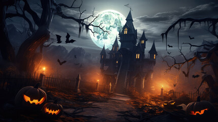 Castle in full moon night with spooky forest for Halloween background.