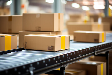 Cardboard boxes on conveyor belt line isolated on white grey background. Distribution warehouse. E-commerce, storage, delivery and packaging service concept. Close up, . High quality photo