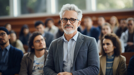 Generative AI, a gray-haired old mature professor in glasses stands against the backdrop of a university office, an audience, a researcher, a scientist, a doctor of science, a lecturer - obrazy, fototapety, plakaty