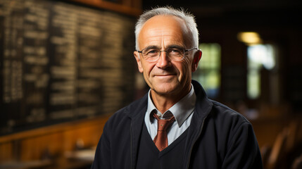 Obraz premium Generative AI, a gray-haired old mature professor in glasses stands against the backdrop of a university office, an audience, a researcher, a scientist, a doctor of science, a lecturer