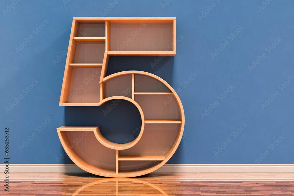 Fototapete number 5 as bookshelf in interior, 3d rendering