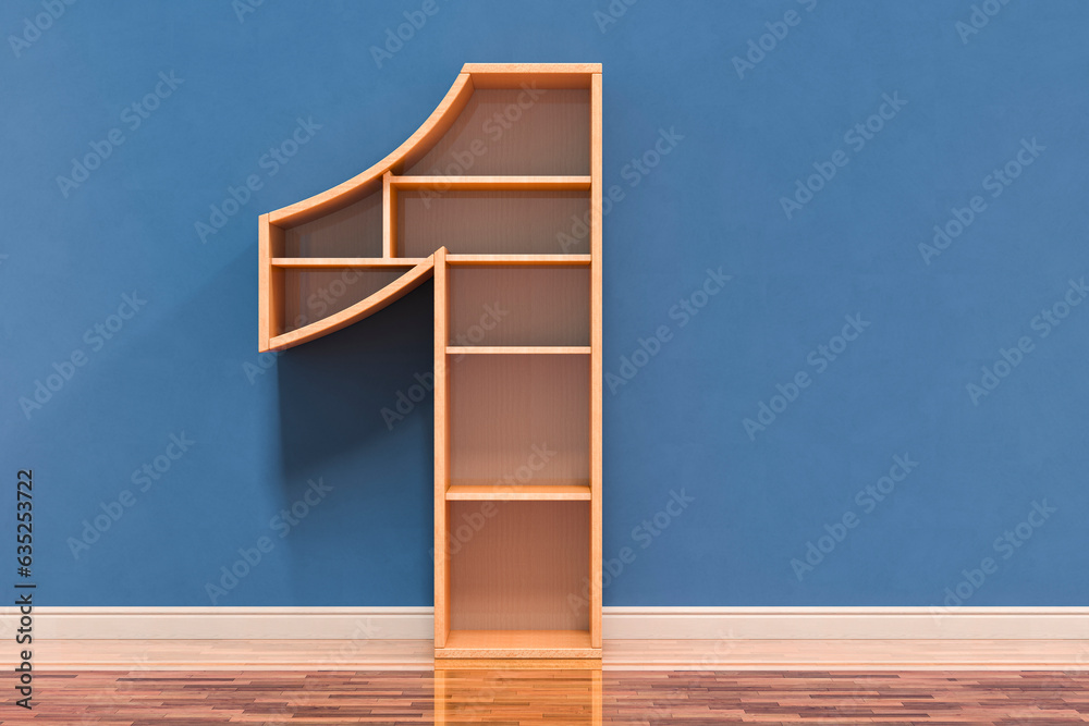 Fototapete number 1 as bookshelf in interior, 3d rendering