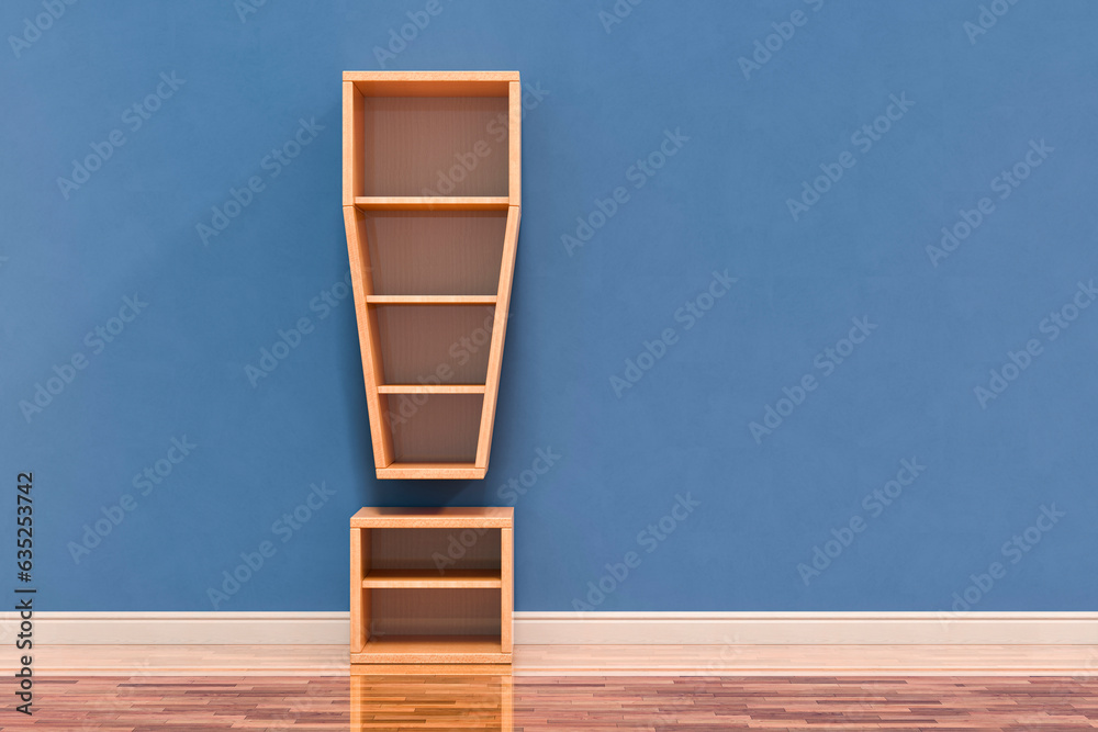 Fototapete exclamation mark as bookshelf in interior, 3d rendering