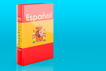 Spanish language course. Spanish language textbook on blue backdrop. 3D rendering