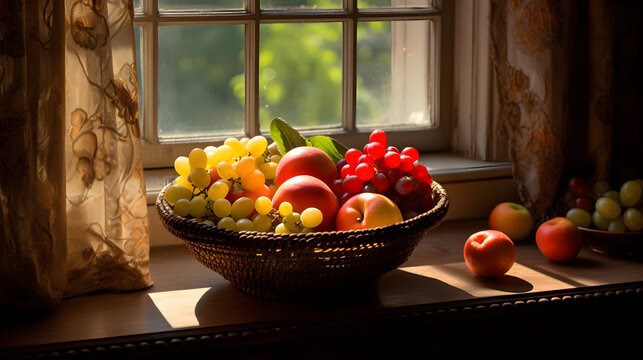 Plate with different fruits on kitchen table
