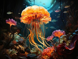 Illustration of a vibrant jellyfish swimming in an aquarium. Generative AI