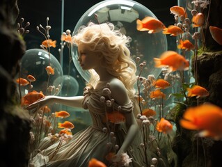 Obraz premium Illustration of a woman in a white dress surrounded by orange flowers. Generative AI
