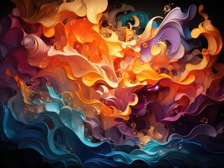 Illustration of a vibrant and dynamic abstract painting with colorful waves and bubbles. Generative AI