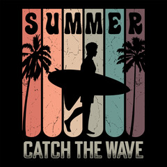 Summer vintage t shirt, retro style, catch the wave vector t shirt design.