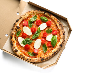 Cardboard box with tasty pizza Margarita on white background