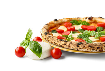 Tasty pizza Margarita with fresh tomatoes and Mozzarella cheese on white background