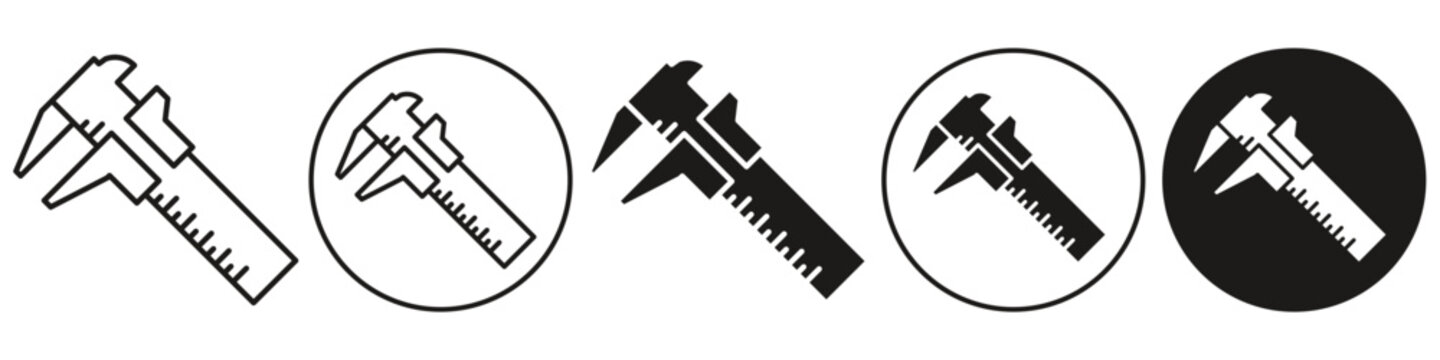 Vernier Caliper symbol Icon. Vector set of accurate diameter of any object measurement tool use in various industrial work. Flat outlined logo of micrometer ruler equipment for precise length dial