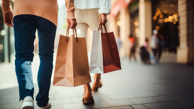 Cropped image of couple walking holding shopping bags in the mall. Christmas gifts, Black Friday and hot sale concept with copy space