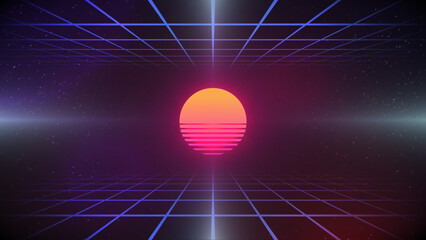 Synthwave Sunset Background. 80s Sun Backdrop. Blue perspective grid with retro Sun on dark starry sky. Retro Futuristic pink party flyer, banner, poster template. Sci-fi stock vector illustration