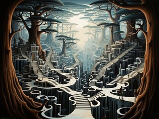 Illustration of a mysterious forest with enchanting stairs leading to the towering trees. Generative AI