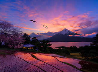 Japanese Sunset Mountain Landscape