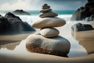 Balance rocks create zen stack on sandy shore. Generative AI