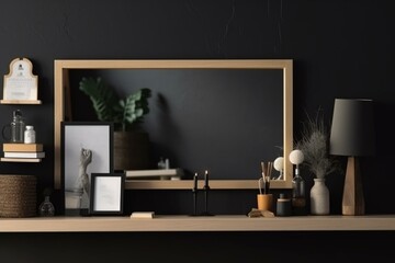 Display shelf with photo frames and accessories – banner with blank space for text. Generative AI