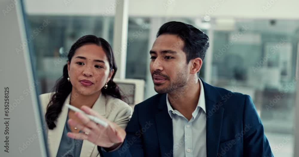 Poster corporate, help and manager with consultant, training or explain process with feedback, review or qu