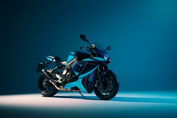 Blue motorcycle on blue background with shadow. Generative AI