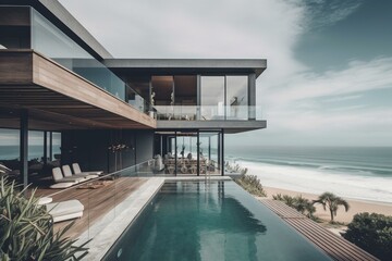 Modern beach house with elegant architecture and sea vista boasts a secluded pool. Generative AI