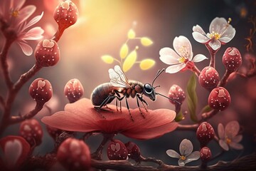 Spring nature background with blooming flowers and an ant. Generative AI