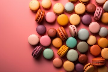 Fototapeta na wymiar Assorted, vibrant macarons on a blank backdrop. Generative AI