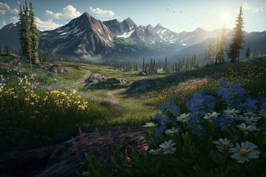 Mountainous meadow filled with flora. Generative AI