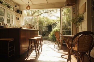 Sunlit cafe with espresso machine, rattan chair, and garden view. Generative AI