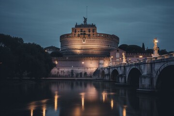 Twilight view of a lit mausoleum, Castel Sant'Angelo, seen from Sant'Angelo Bridge. Generative AI - obrazy, fototapety, plakaty