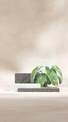 green alocasia plant backdrop, 3d render empty mockup black terrazzo podium in portrait